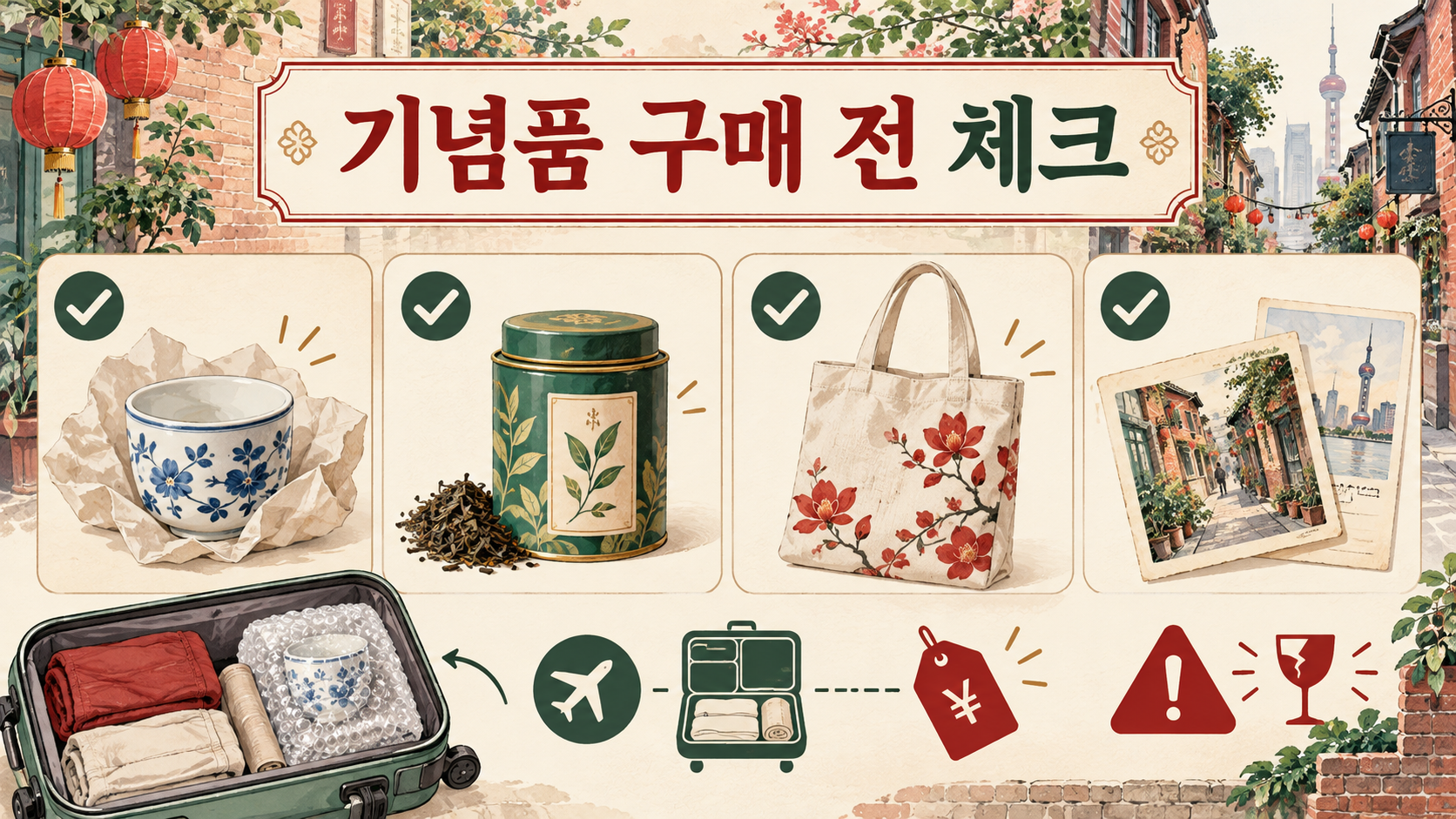 도자기, 차, 가방, 엽서의 구매와 포장 체크를 보여 주는 정보카드