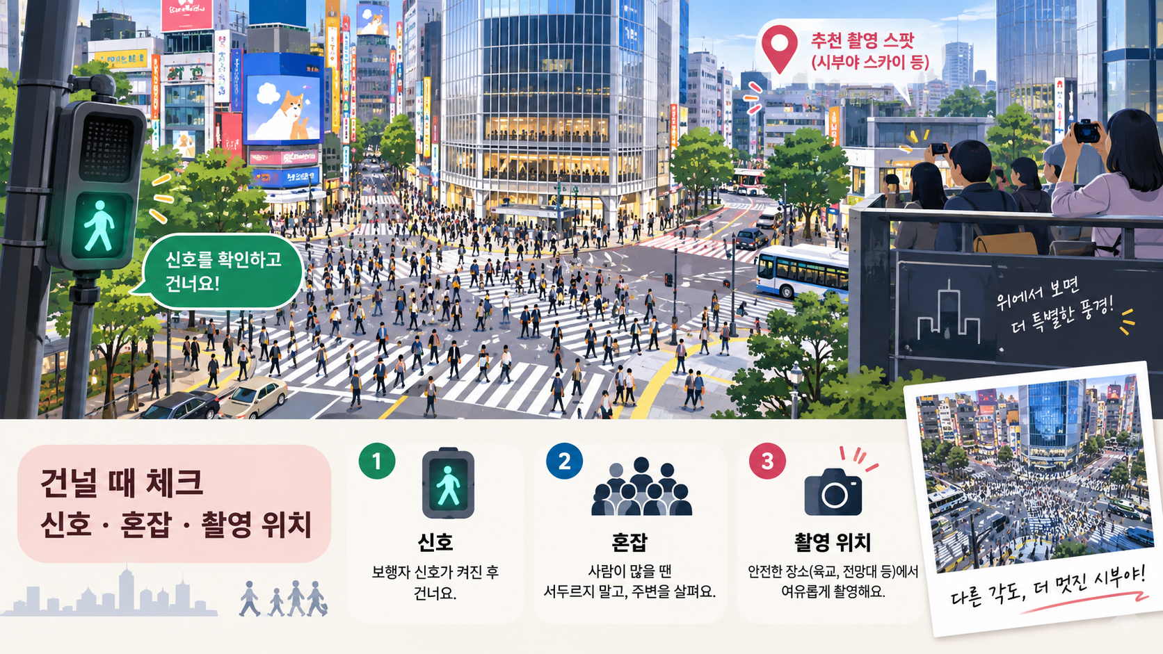 시부야 스크램블 교차로를 안전하게 건너고 촬영 위치를 고르는 방법을 보여 주는 정보 이미지