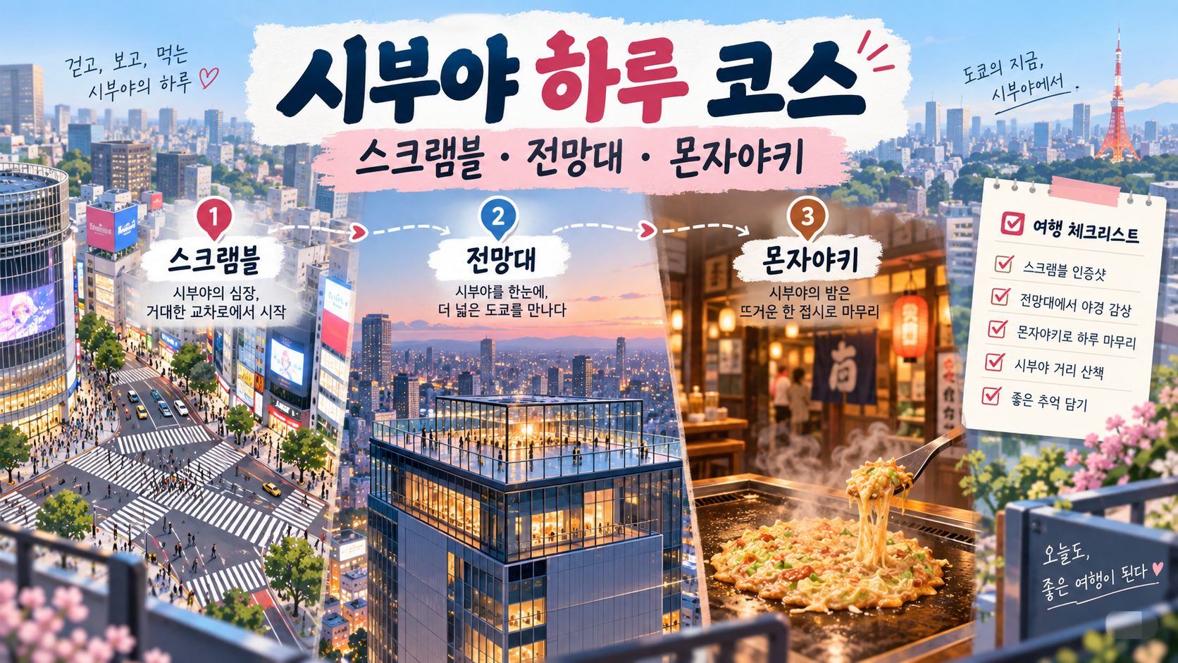 시부야 스크램블 교차로와 전망대, 몬자야키 동선을 안내하는 한국어 정보 카드