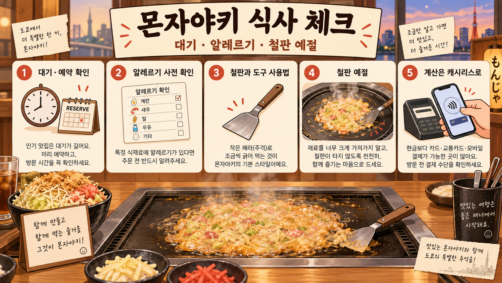 몬자야키 식사 전 대기와 알레르기, 철판 사용 예절을 확인하는 정보 이미지