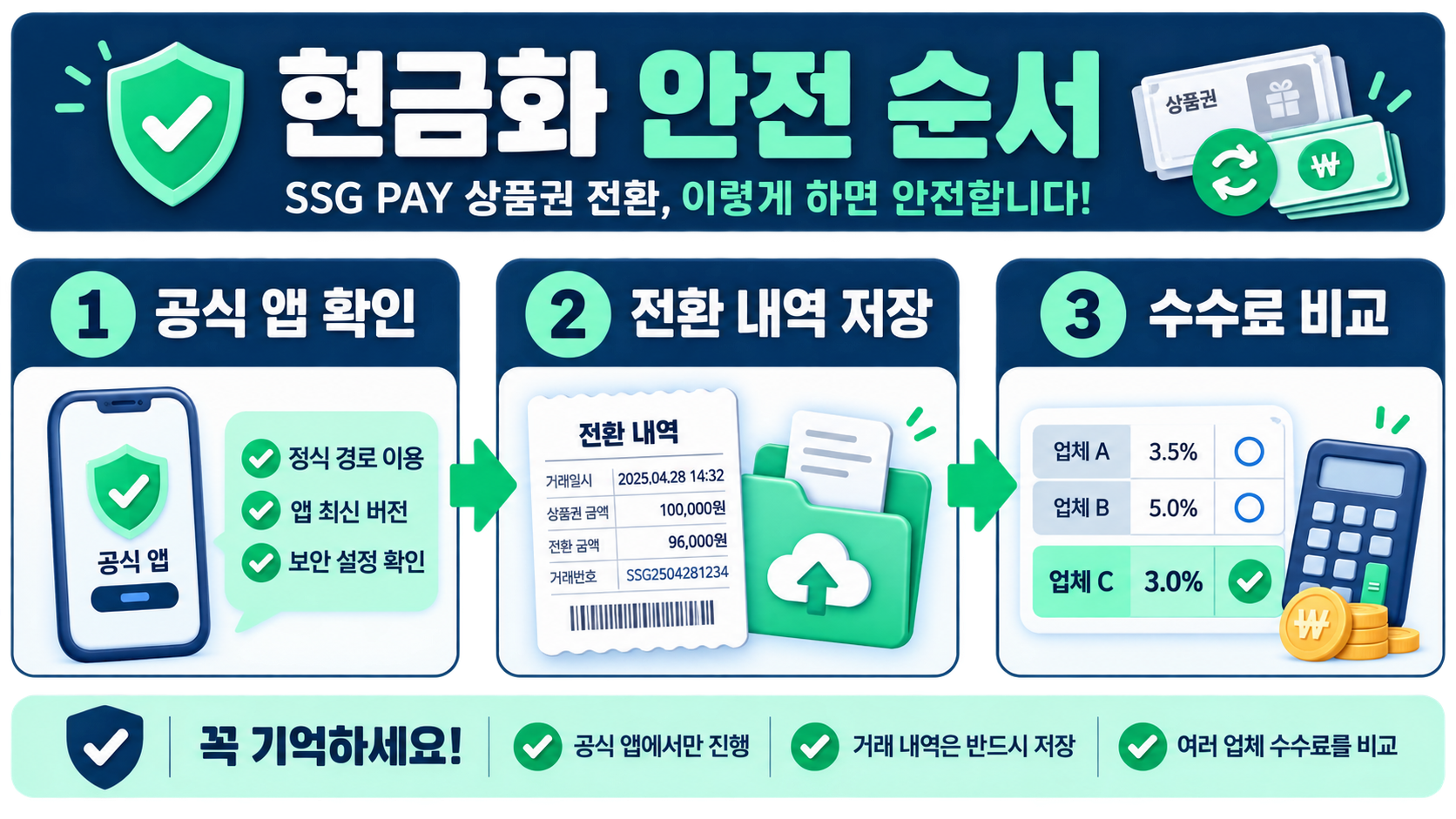 SSG PAY 상품권 전환 시 공식 앱 확인, 전환 내역 저장, 수수료 비교를 순서대로 안내하는 안전 정보카드