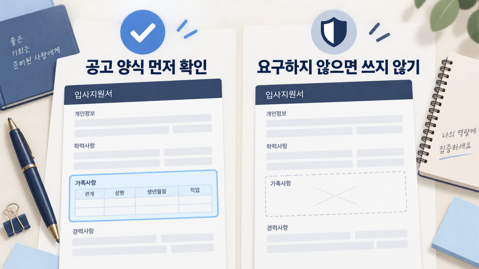 공고 양식을 먼저 확인하고 요구하지 않으면 쓰지 않는다는 정보 카드