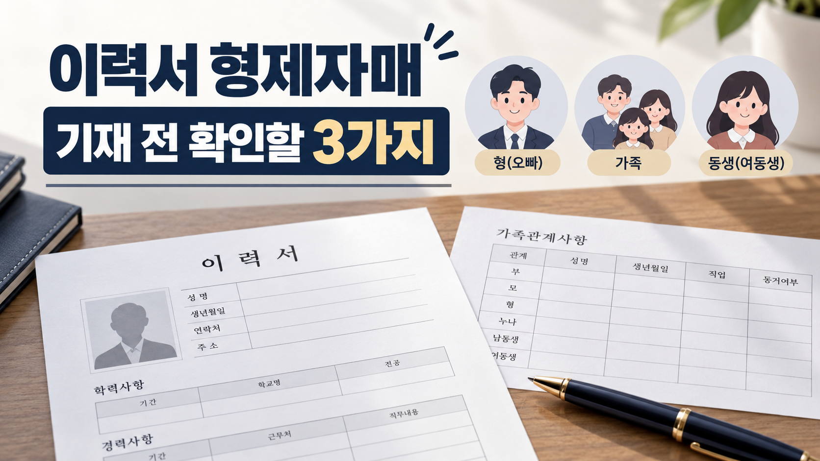 이력서 형제자매 기재 전 확인할 세 가지를 보여 주는 정보 카드