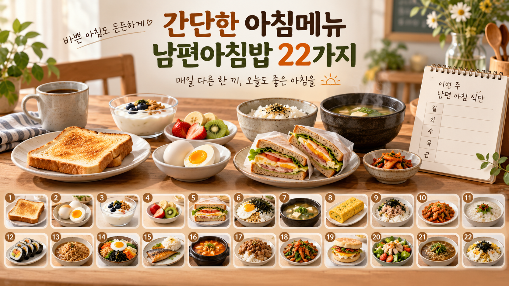 간단한 남편 아침메뉴 22가지를 보여 주는 아침 식탁 정보카드