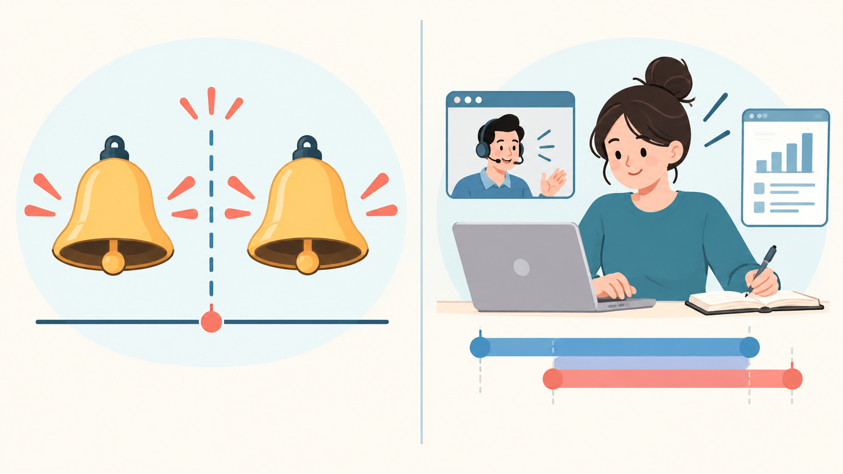 동시에 울리는 종과 여러 일을 병행하는 사람의 대비 그림