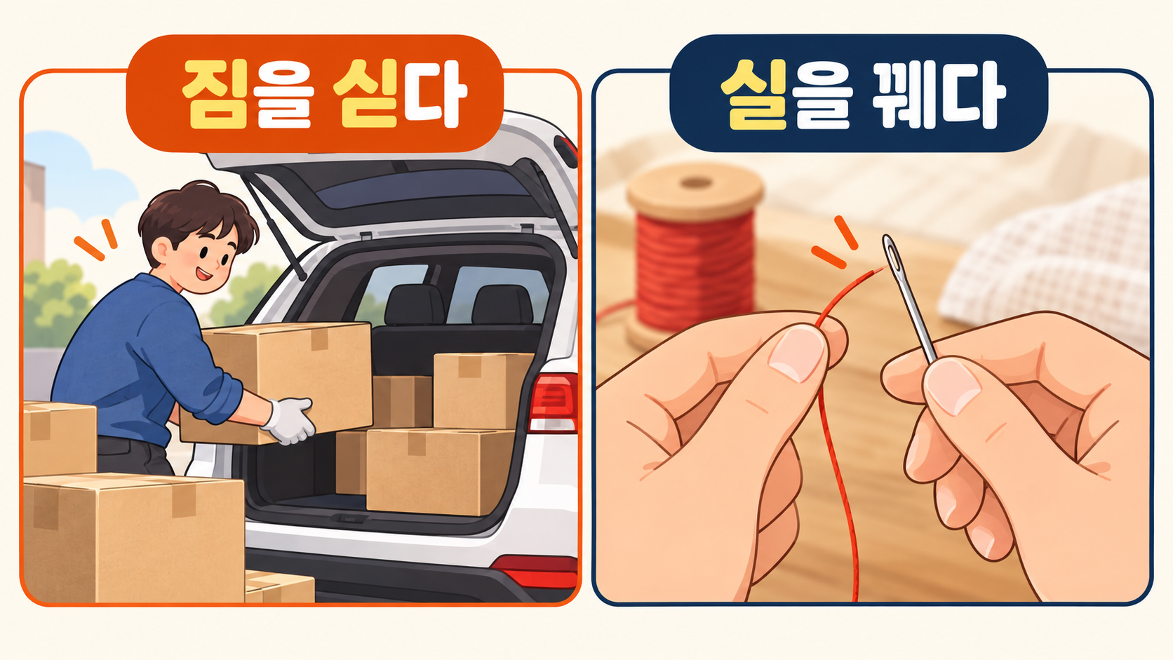 짐을 싣다와 실을 꿰다를 비교한 정보카드