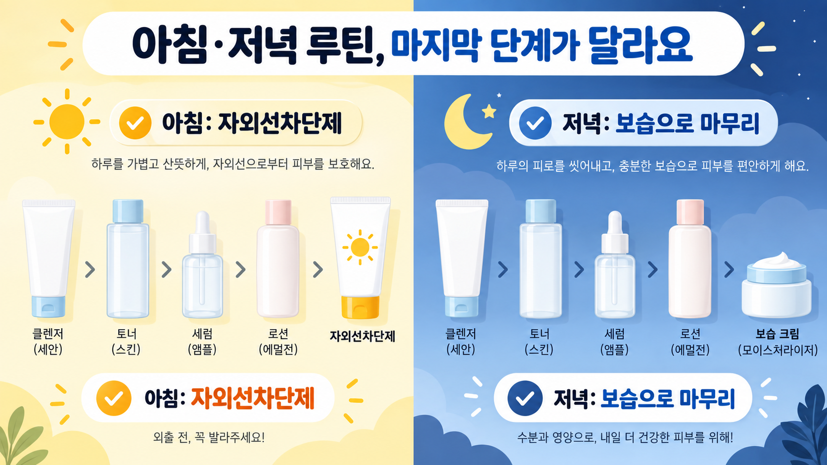 아침에는 자외선차단제, 저녁에는 보습으로 마무리하는 루틴 정보카드