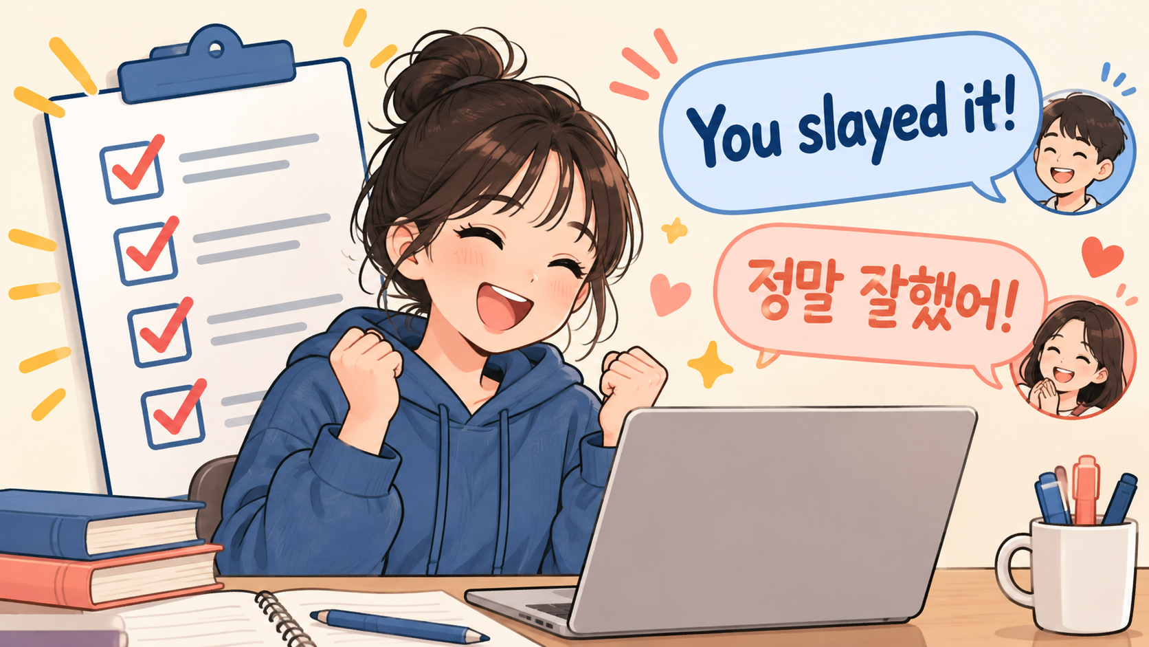 You slayed it과 정말 잘했어 예문이 있는 영어 학습 카드