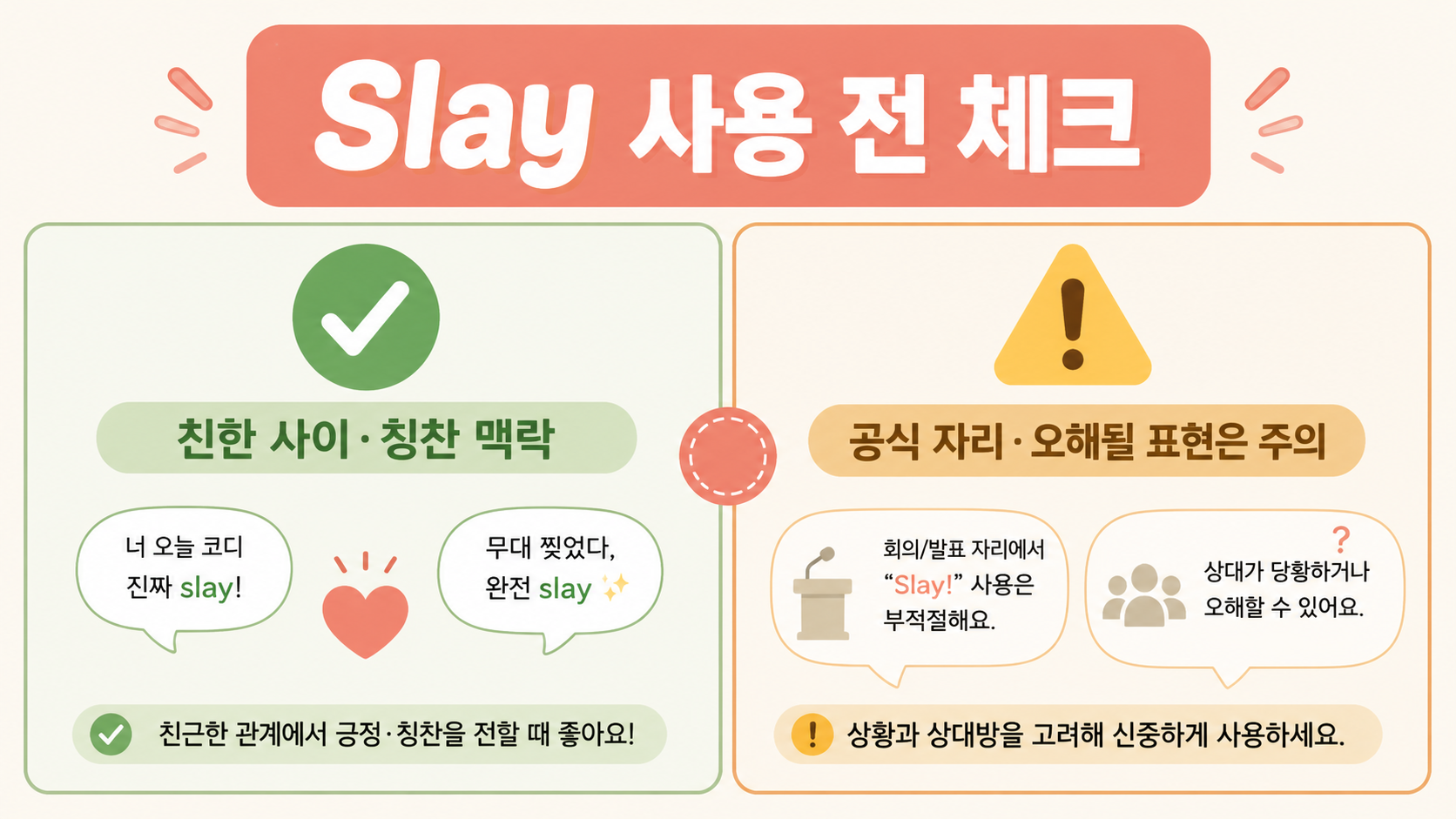 Slay 사용 전 관계와 공식성 확인 정보카드