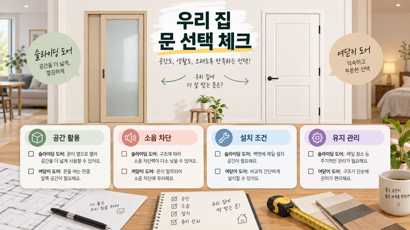 공간과 방음, 설치 조건으로 미닫이문과 여닫이문을 고르는 체크리스트 정보카드