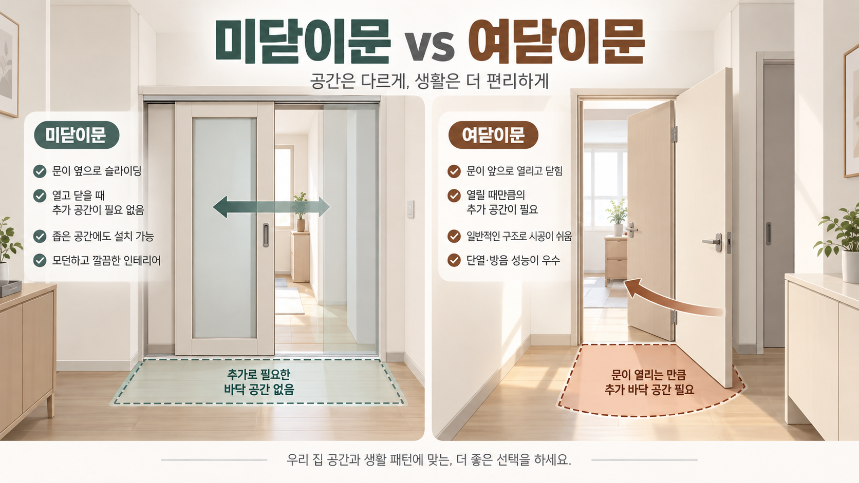 미닫이문과 여닫이문의 작동 방식과 공간 차이를 비교한 정보카드