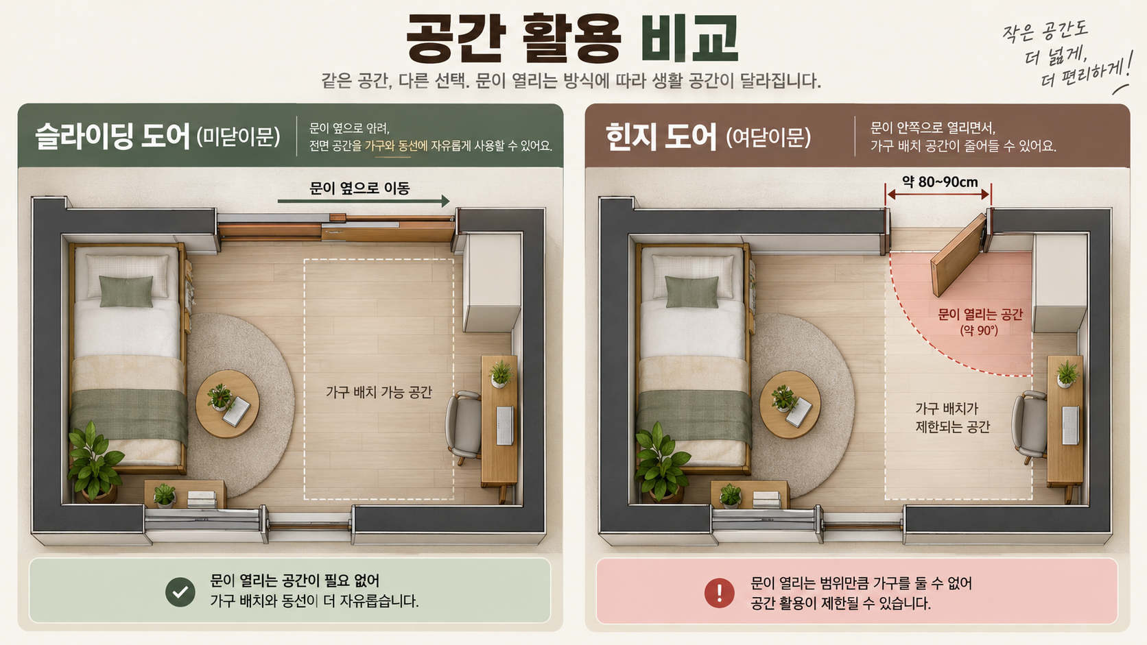 작은 방에서 미닫이문과 여닫이문의 공간 활용을 비교한 정보카드