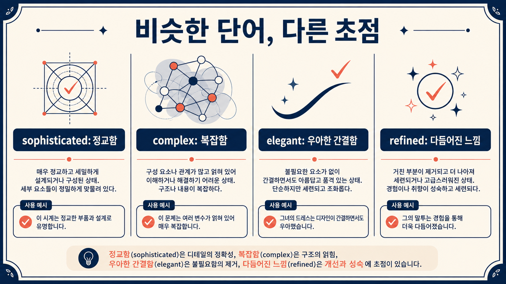 sophisticated와 complex, elegant, refined의 차이를 비교한 정보 도식
