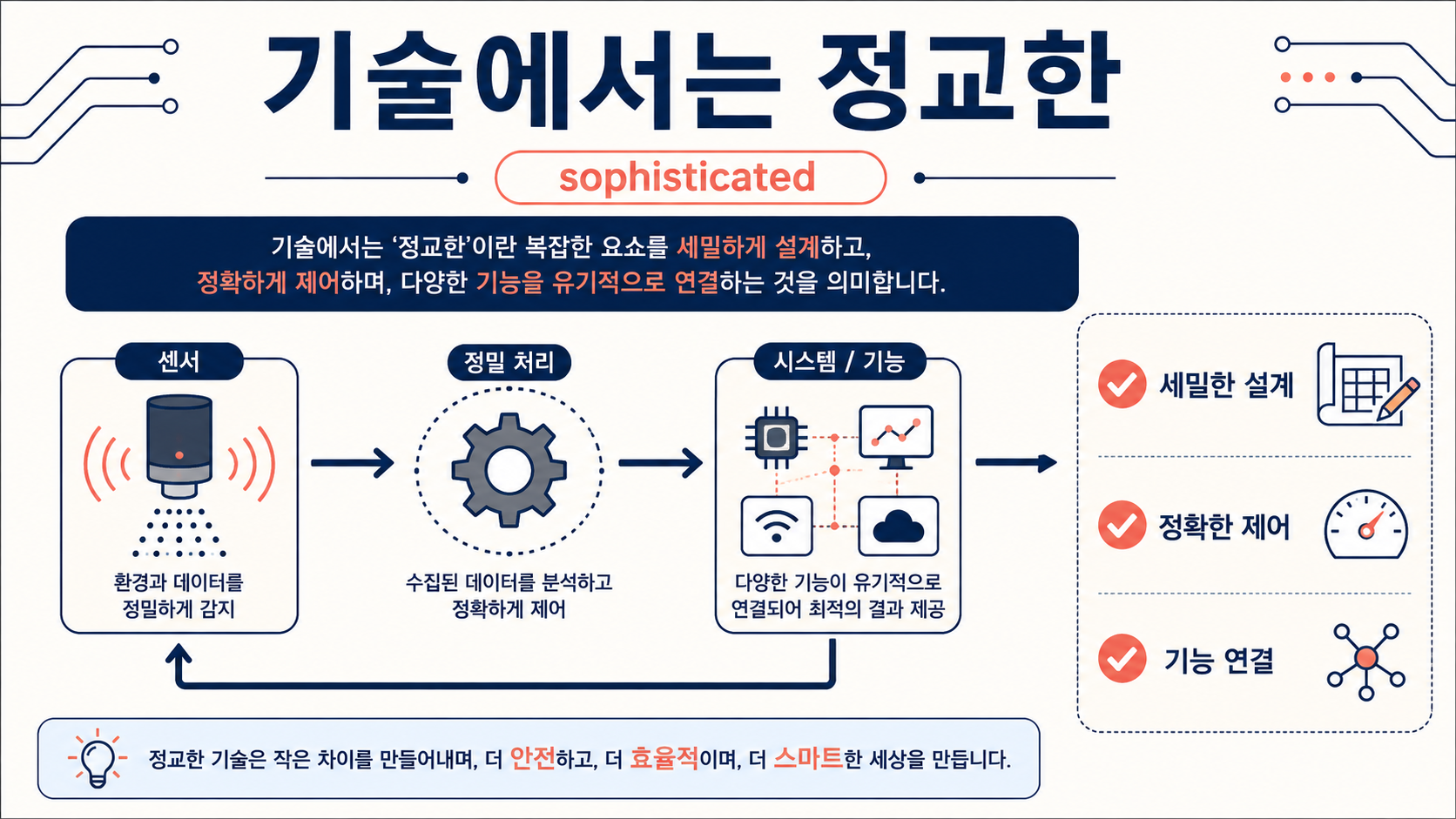 sophisticated가 기술과 제품에서 정교한이라는 뜻으로 쓰이는 상황을 보여 주는 정보 도식