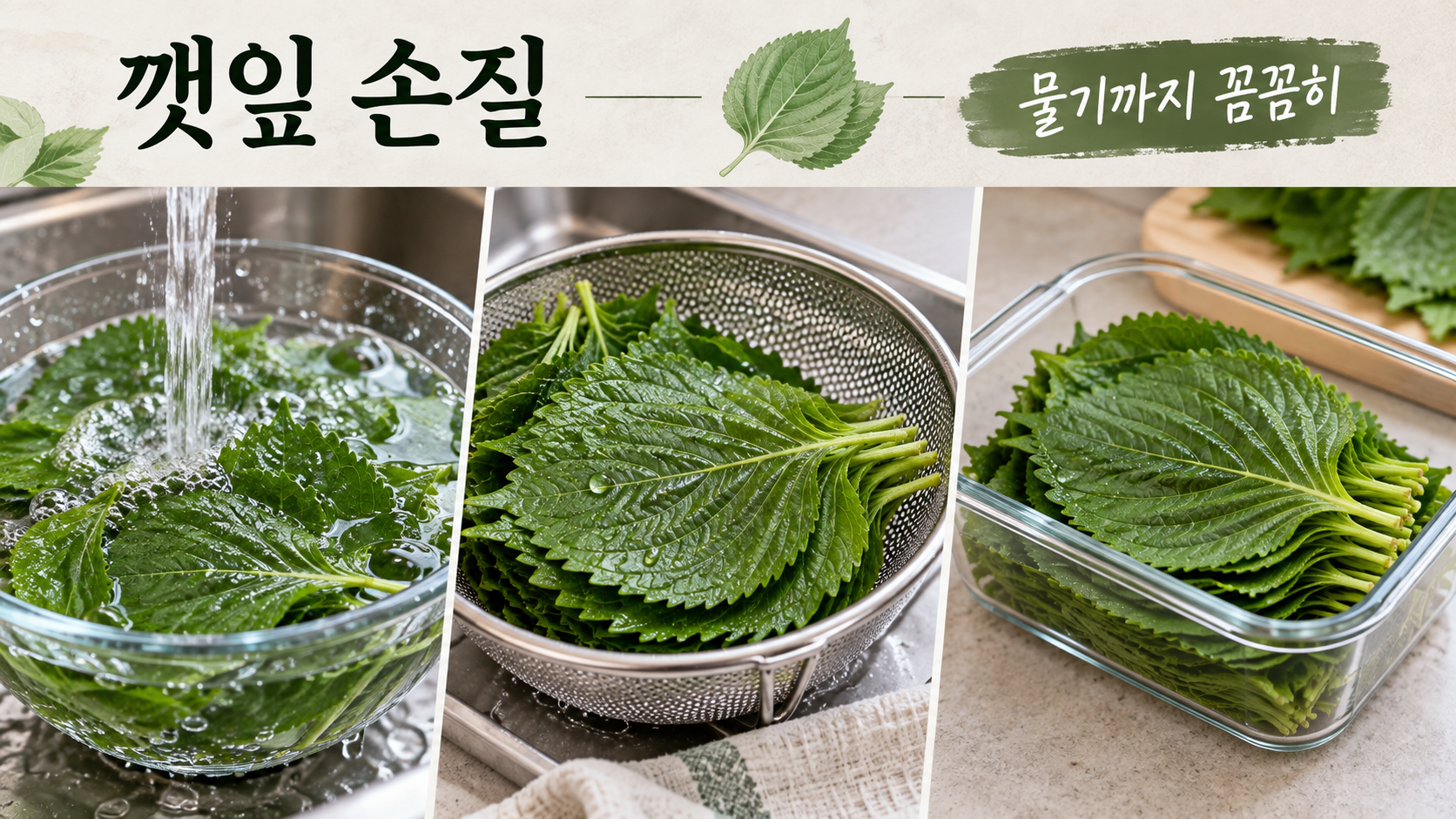 깻잎을 씻고 물기를 제거하는 정보카드