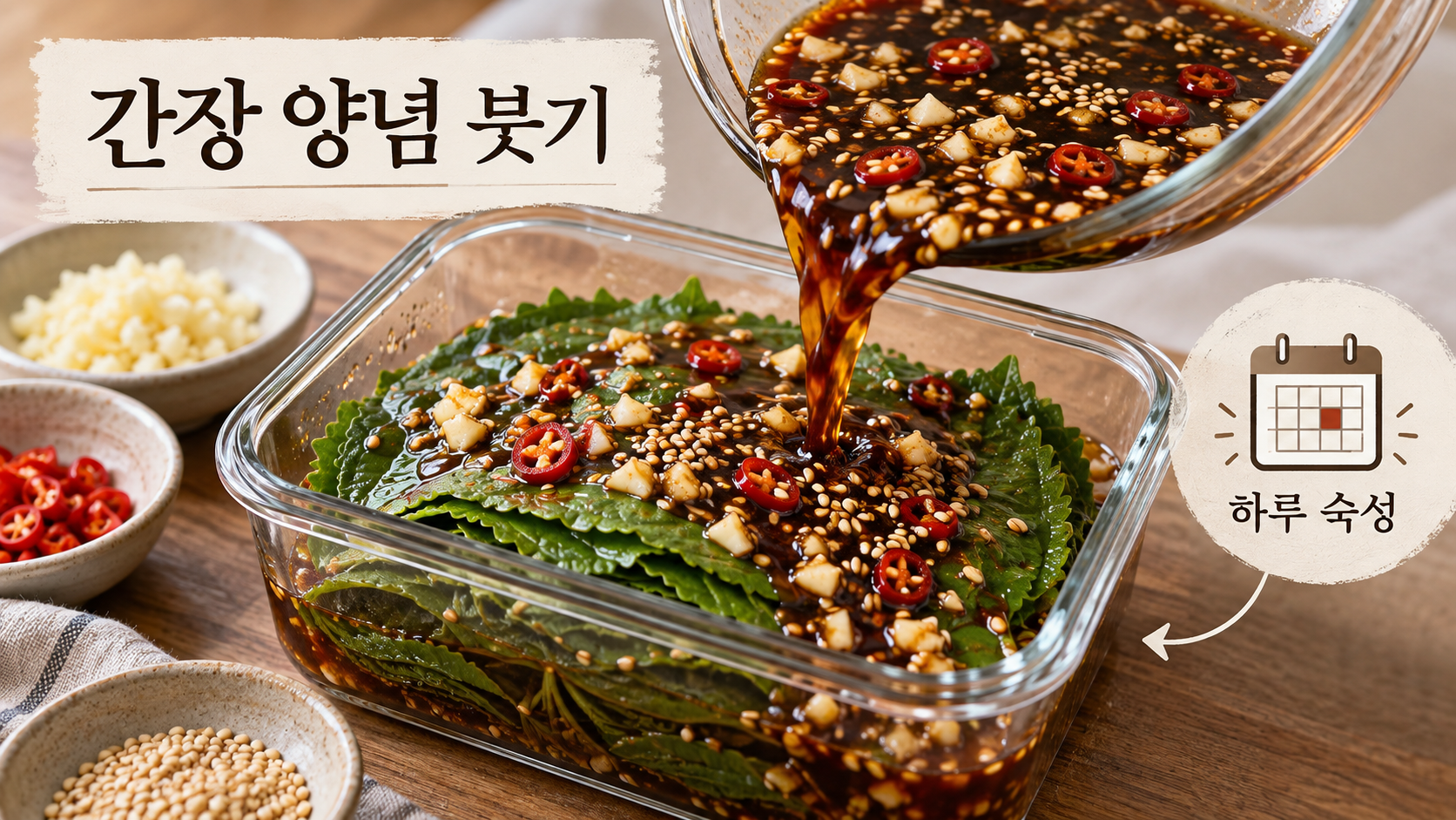 깻잎 위로 간장 양념을 붓는 정보카드