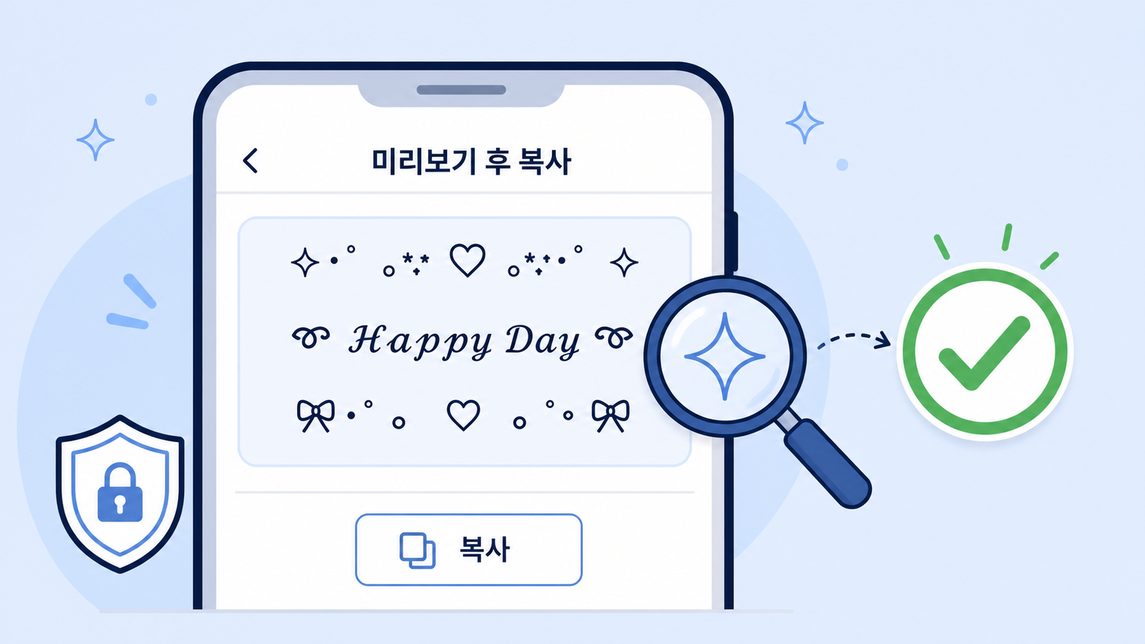 인스타그램 꾸미기 글씨를 미리보기한 뒤 복사하는 안전한 순서를 보여주는 안내 이미지