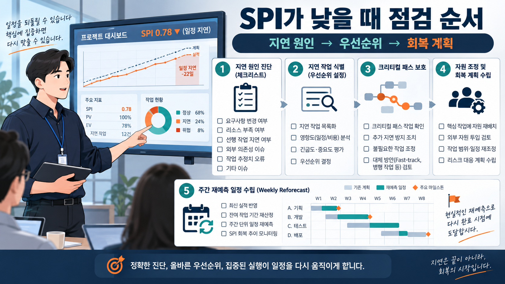 SPI가 낮을 때 일정 회복 계획을 세우는 점검 순서 정보카드
