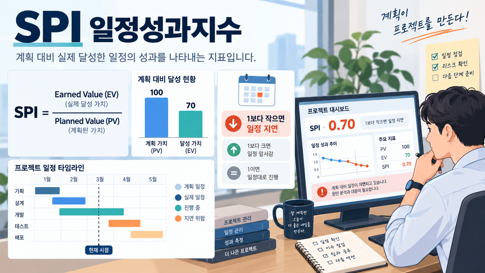 SPI 일정성과지수와 일정 지연을 설명하는 프로젝트 대시보드 정보카드