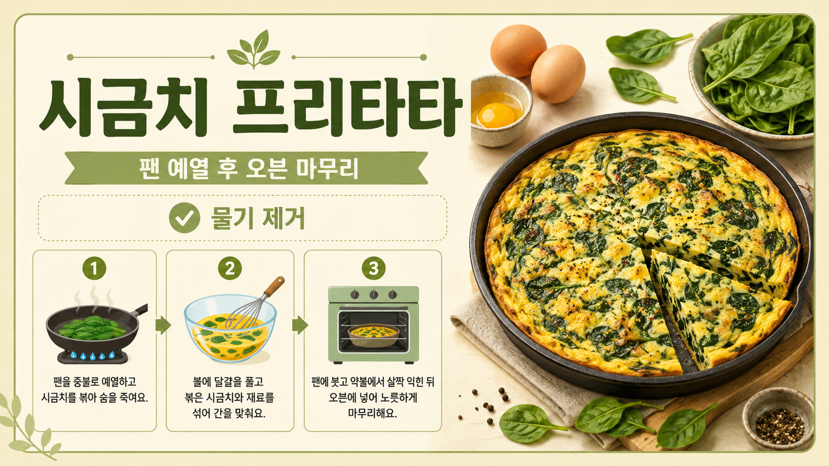 시금치 프리타타 만드는 법과 물기 제거, 팬 예열, 오븐 마무리를 안내하는 정보카드