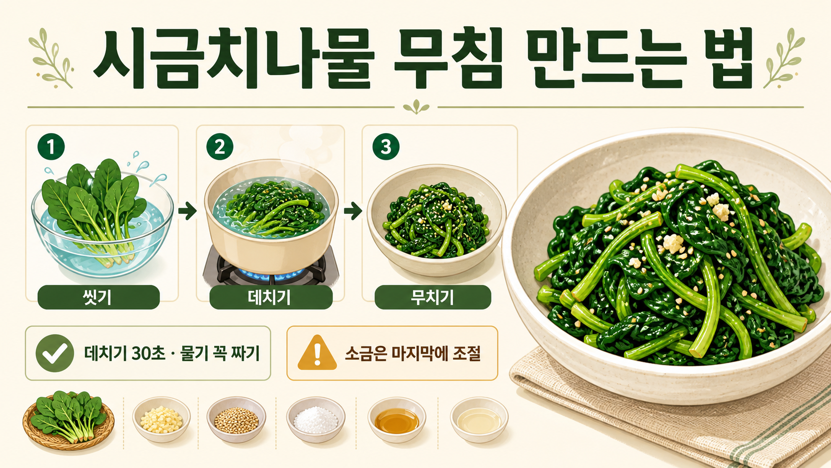 시금치나물 무침 만드는 법과 데치기, 물기 조절을 담은 한국어 정보카드