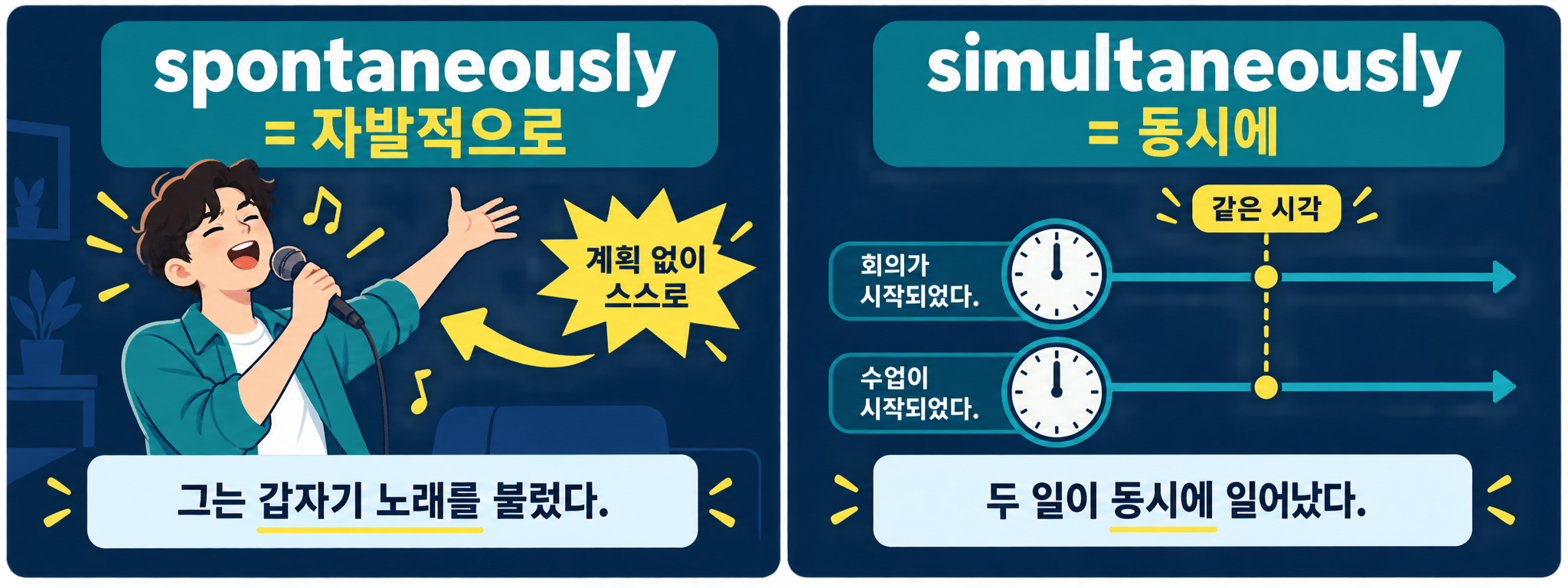 simultaneously를 설명하는 같은 시각 정보카드