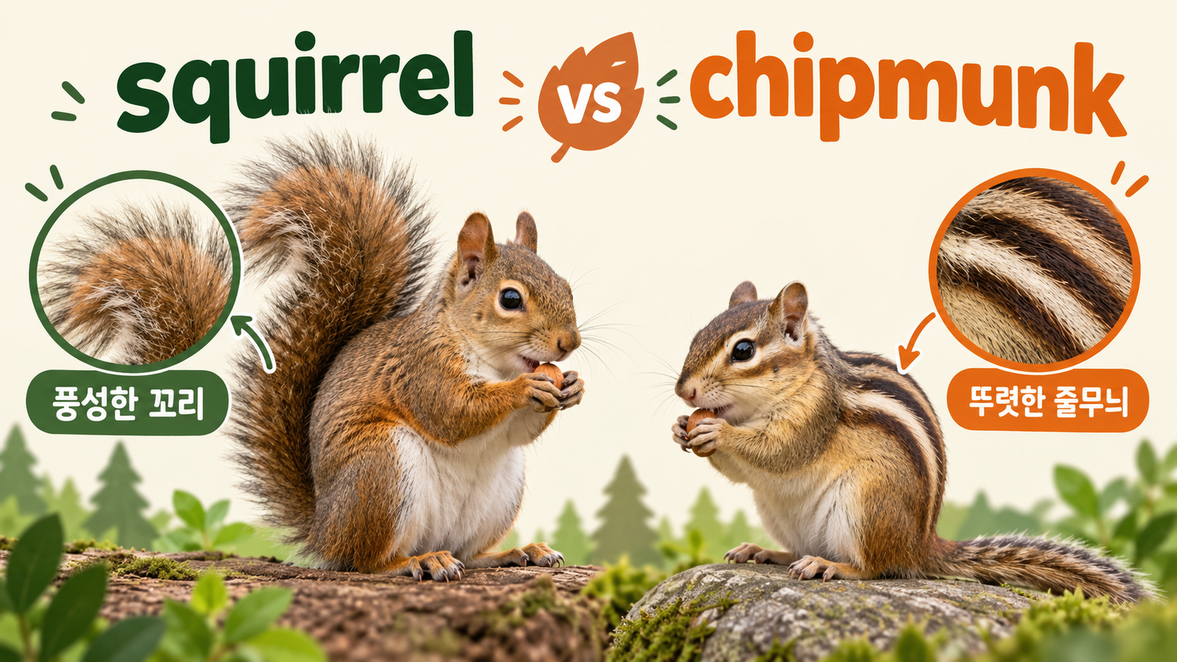 squirrel과 chipmunk의 꼬리와 줄무늬 차이 정보 카드