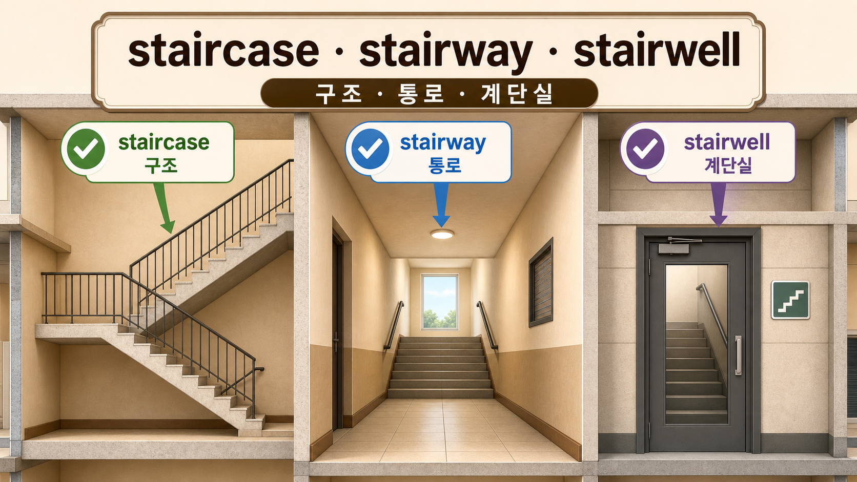 staircase stairway stairwell의 구조 통로 계단실 차이를 보여 주는 정보카드