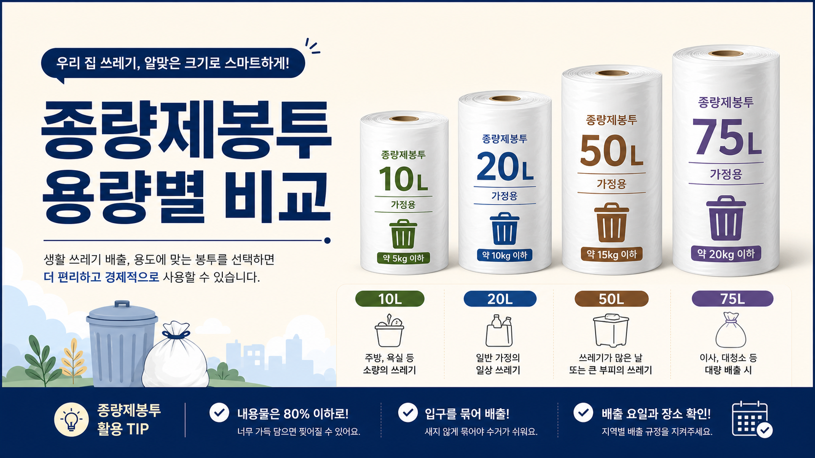 종량제봉투 10리터 20리터 50리터 75리터 용량별 비교 정보카드