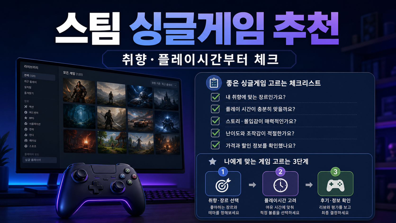 스팀 싱글게임 추천을 위한 취향과 플레이시간 체크 정보카드