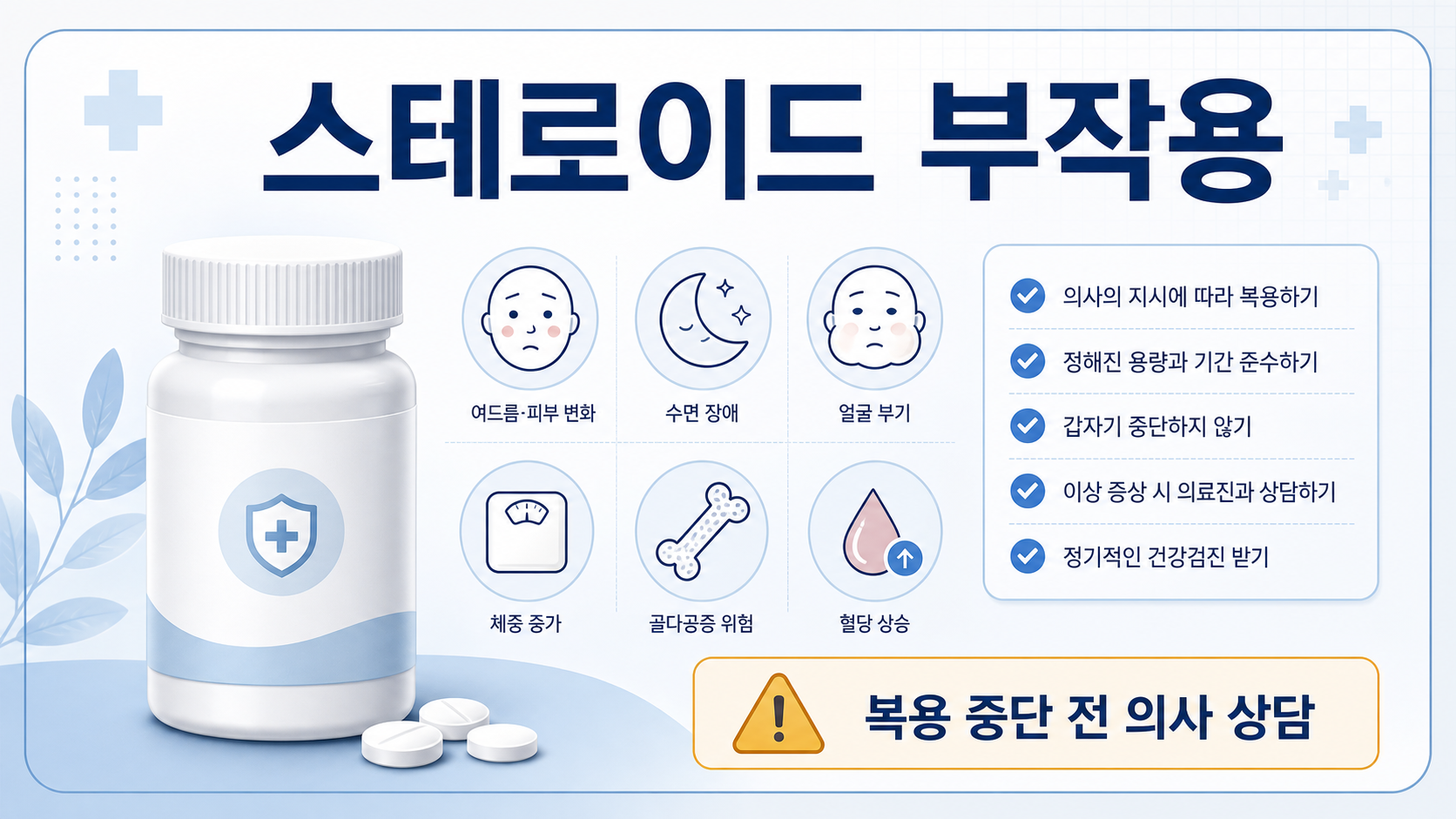 스테로이드 부작용과 복용 중단 전 의료진 상담을 안내하는 한국어 정보 카드
