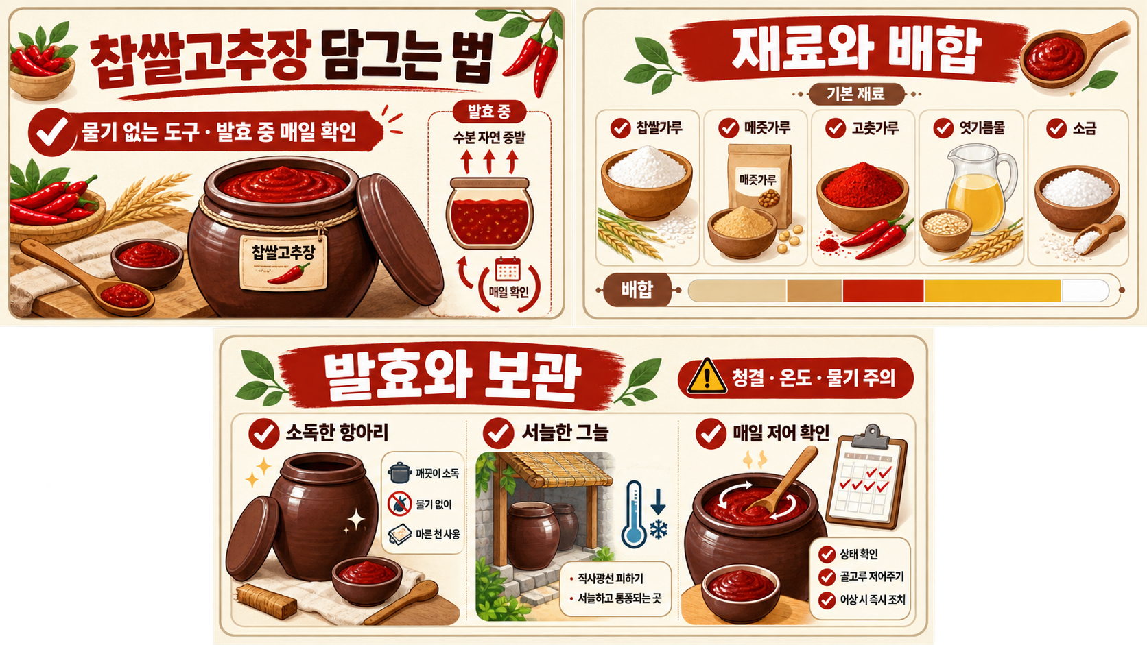 찹쌀고추장 담그는 법과 발효 중 확인 사항을 정리한 정보카드