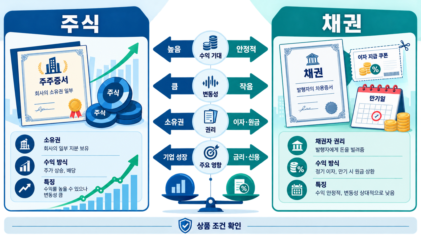 주식과 채권의 권리 구조를 비교하는 정보 도식