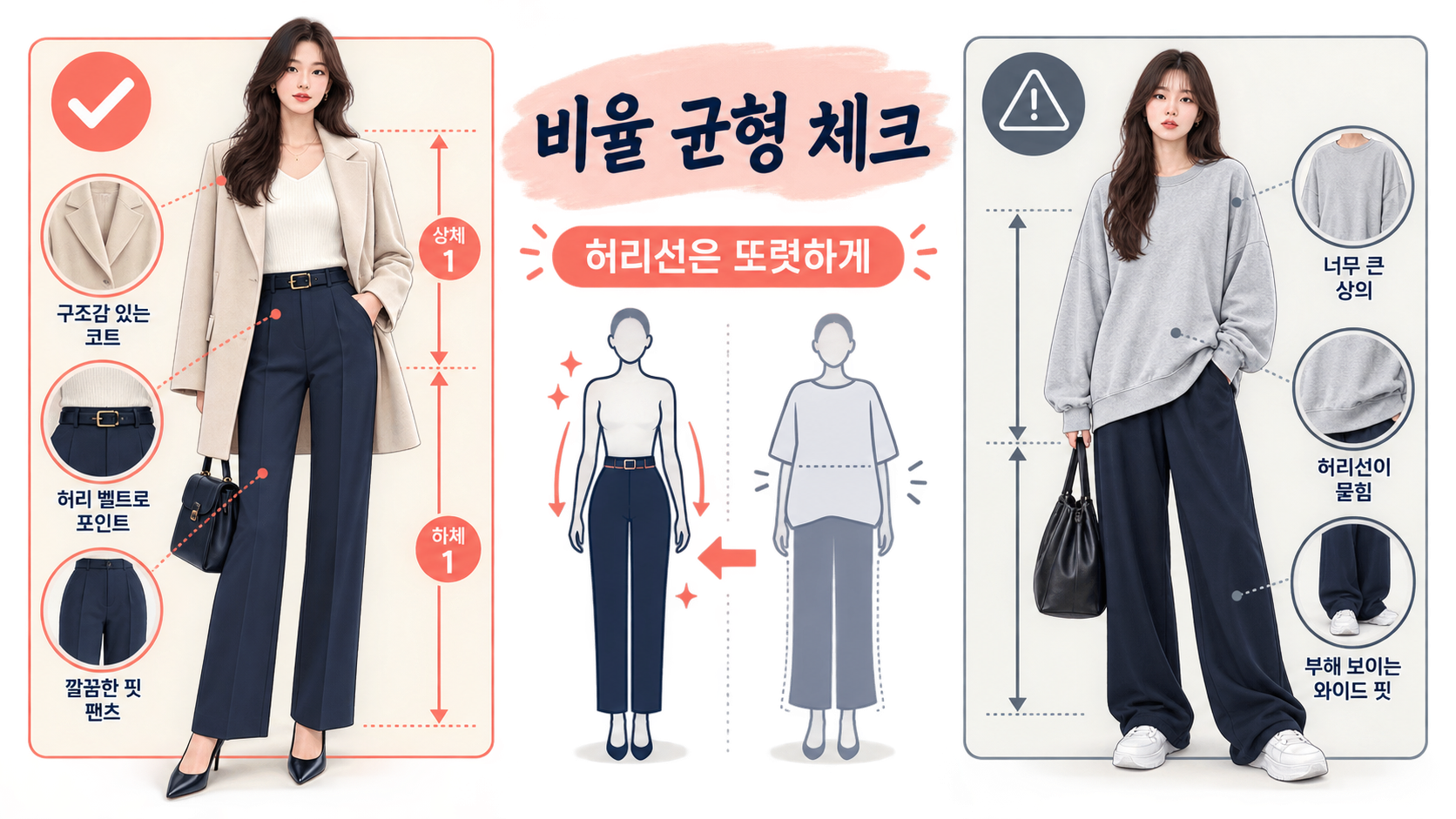 스트레이트 체형의 허리선과 옷 비율을 비교해 보는 스타일링 정보카드