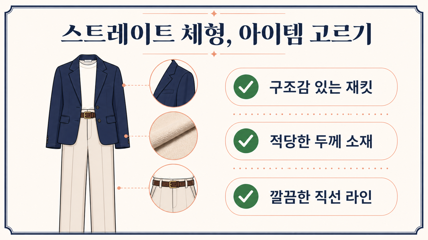 스트레이트 체형에 어울리는 구조감 있는 재킷과 적당한 두께 소재, 깔끔한 직선 라인을 보여 주는 정보카드