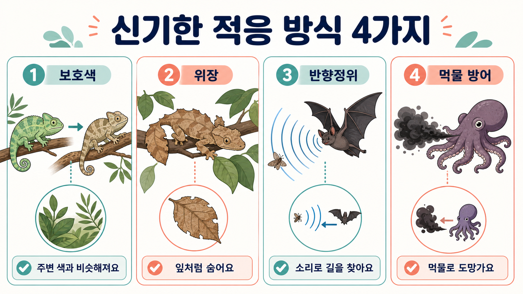 동물의 몸색과 형태가 서식지에 적응한 모습