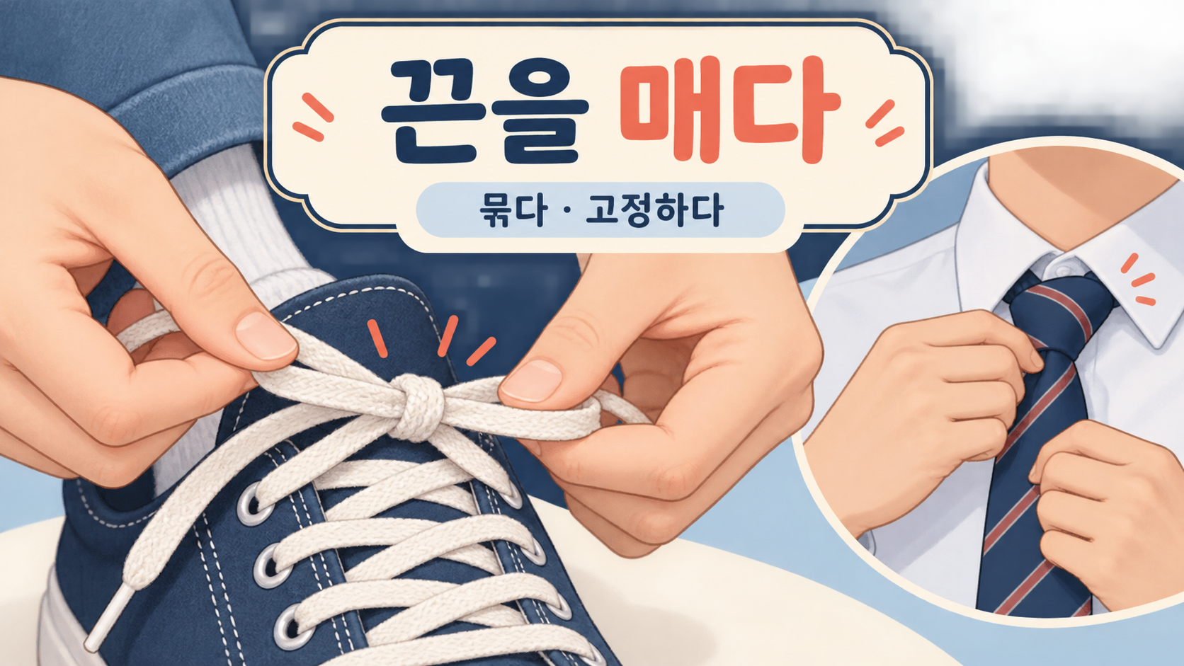 신발끈과 넥타이를 매는 모습을 설명하는 한국어 정보카드