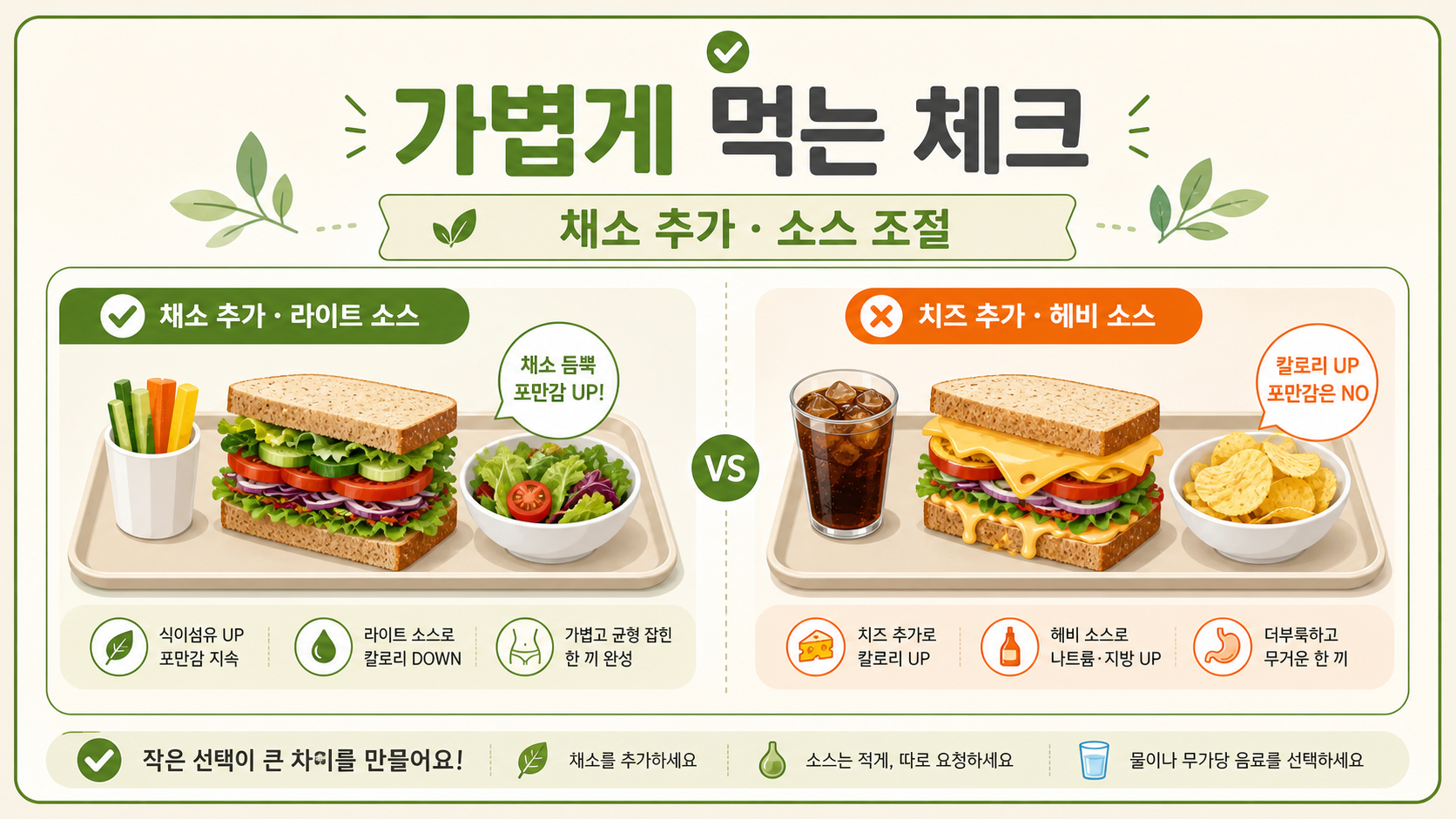 채소 추가와 소스 조절을 비교하는 가벼운 샌드위치 선택 정보카드