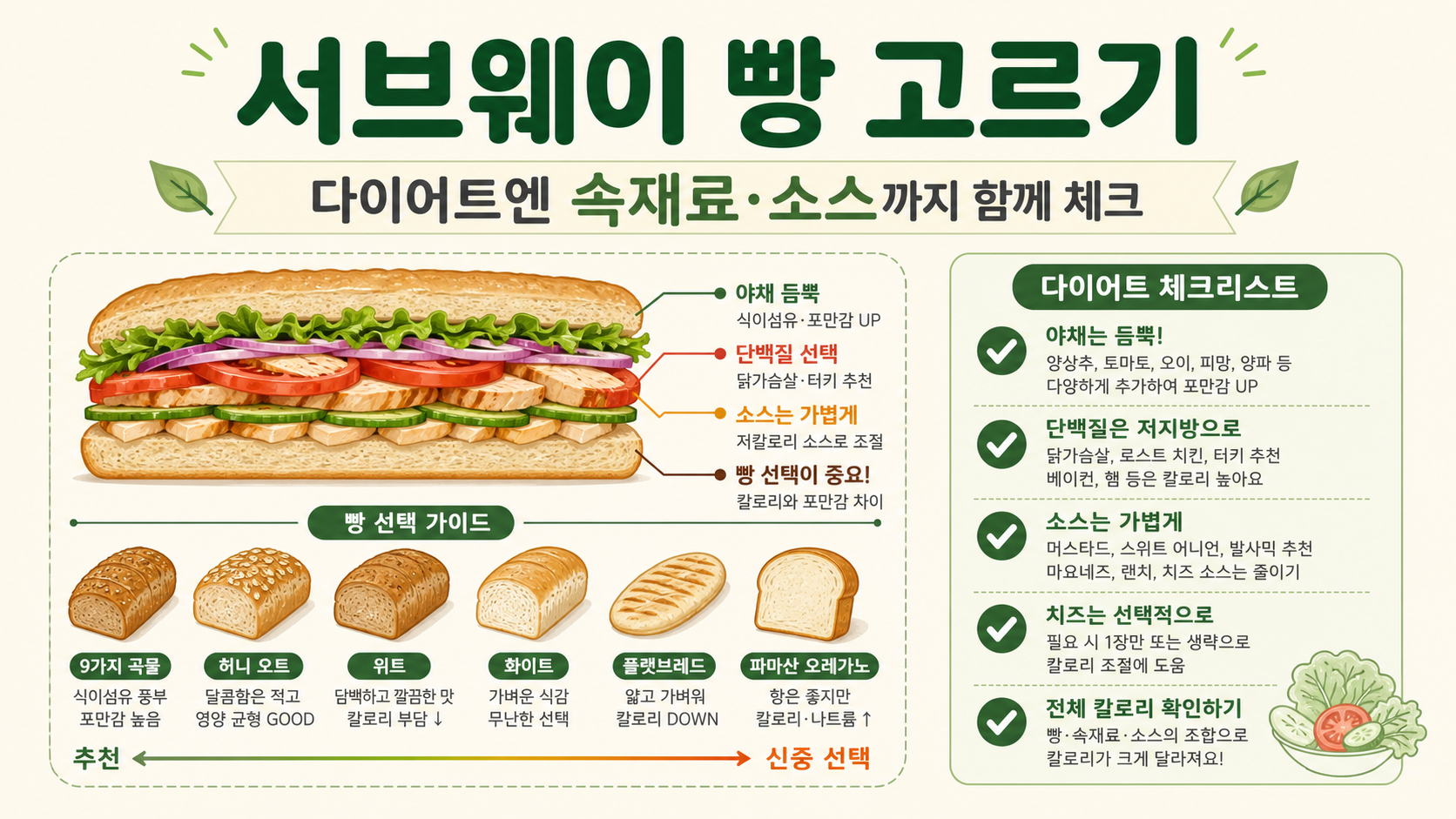 서브웨이 빵 고르기와 다이어트 메뉴 체크리스트 정보카드