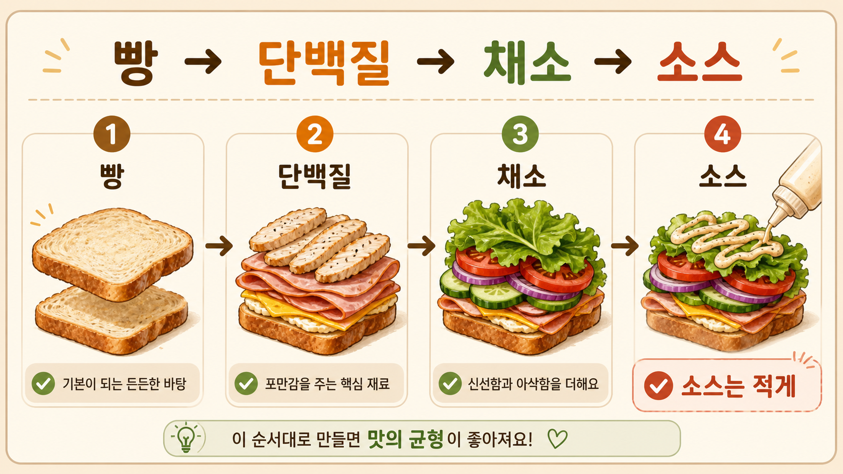 빵, 단백질, 채소, 소스 순서로 샌드위치를 고르는 정보카드
