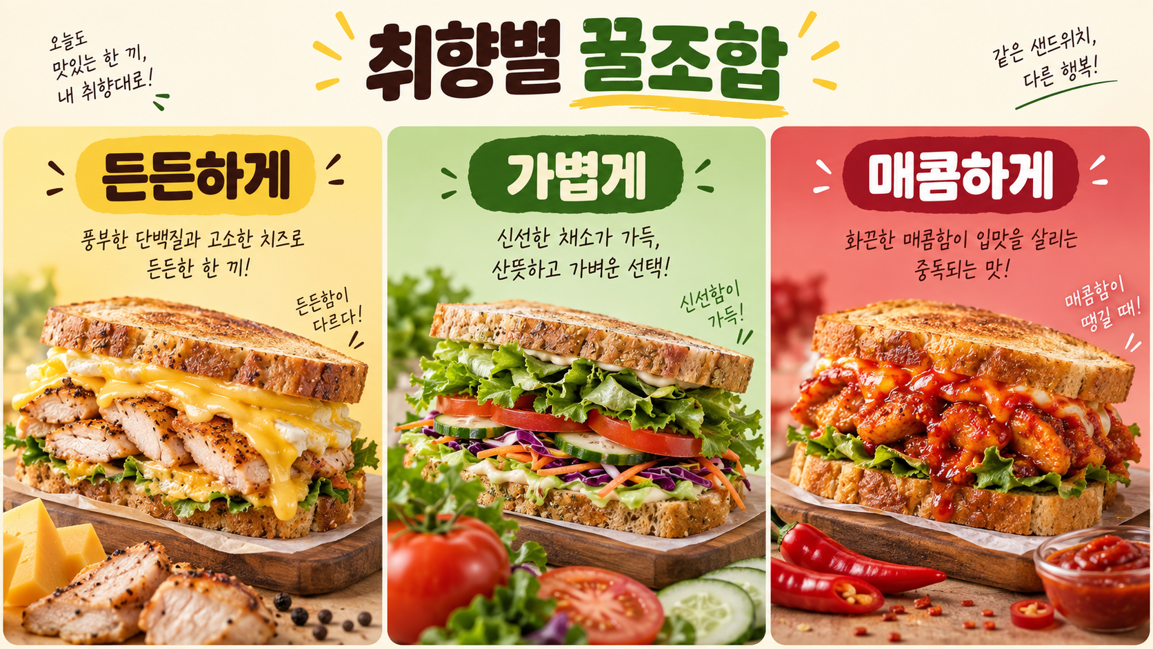 서로 다른 구성의 세 가지 샌드위치
