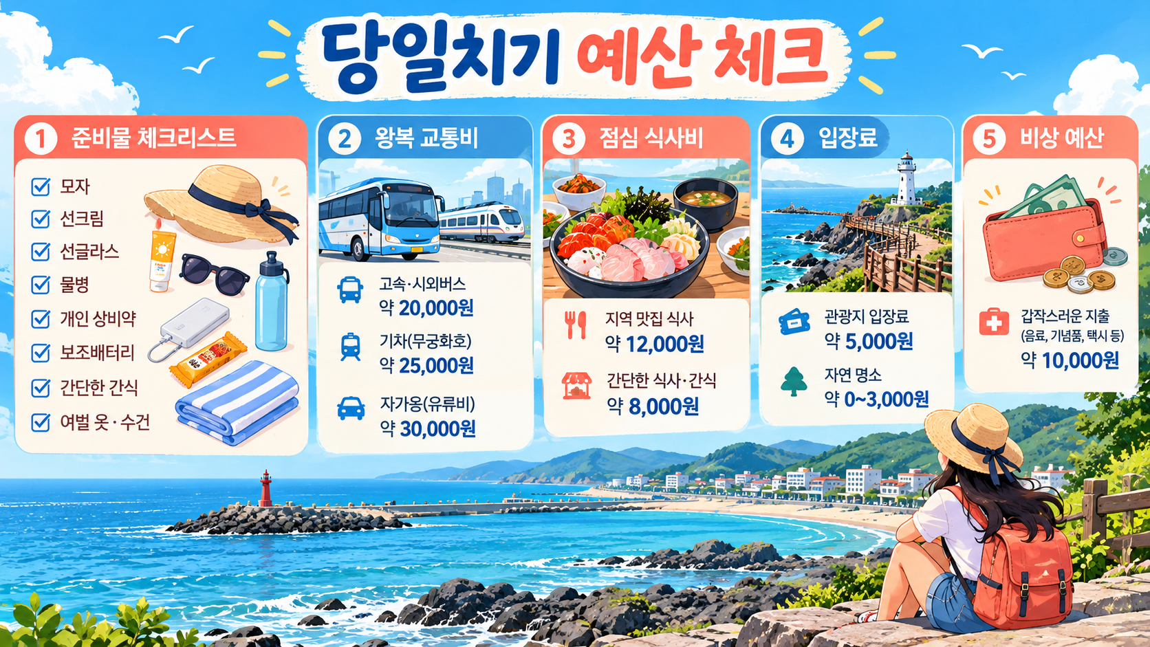 여름 국내 당일치기 예산 항목을 정리한 정보 카드