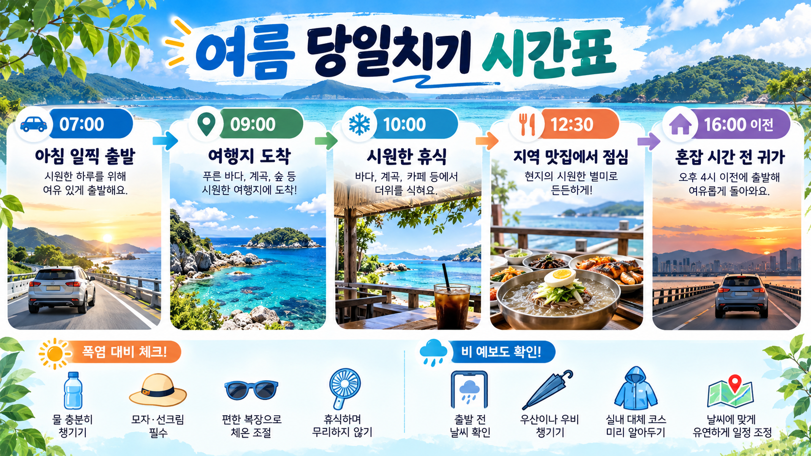 여름 국내 당일치기 출발부터 귀가까지의 시간표 정보 카드