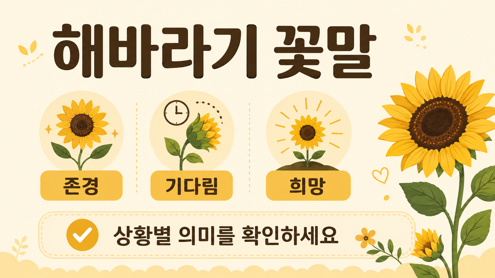 해바라기 꽃말의 존경, 기다림, 희망을 정리한 정보카드