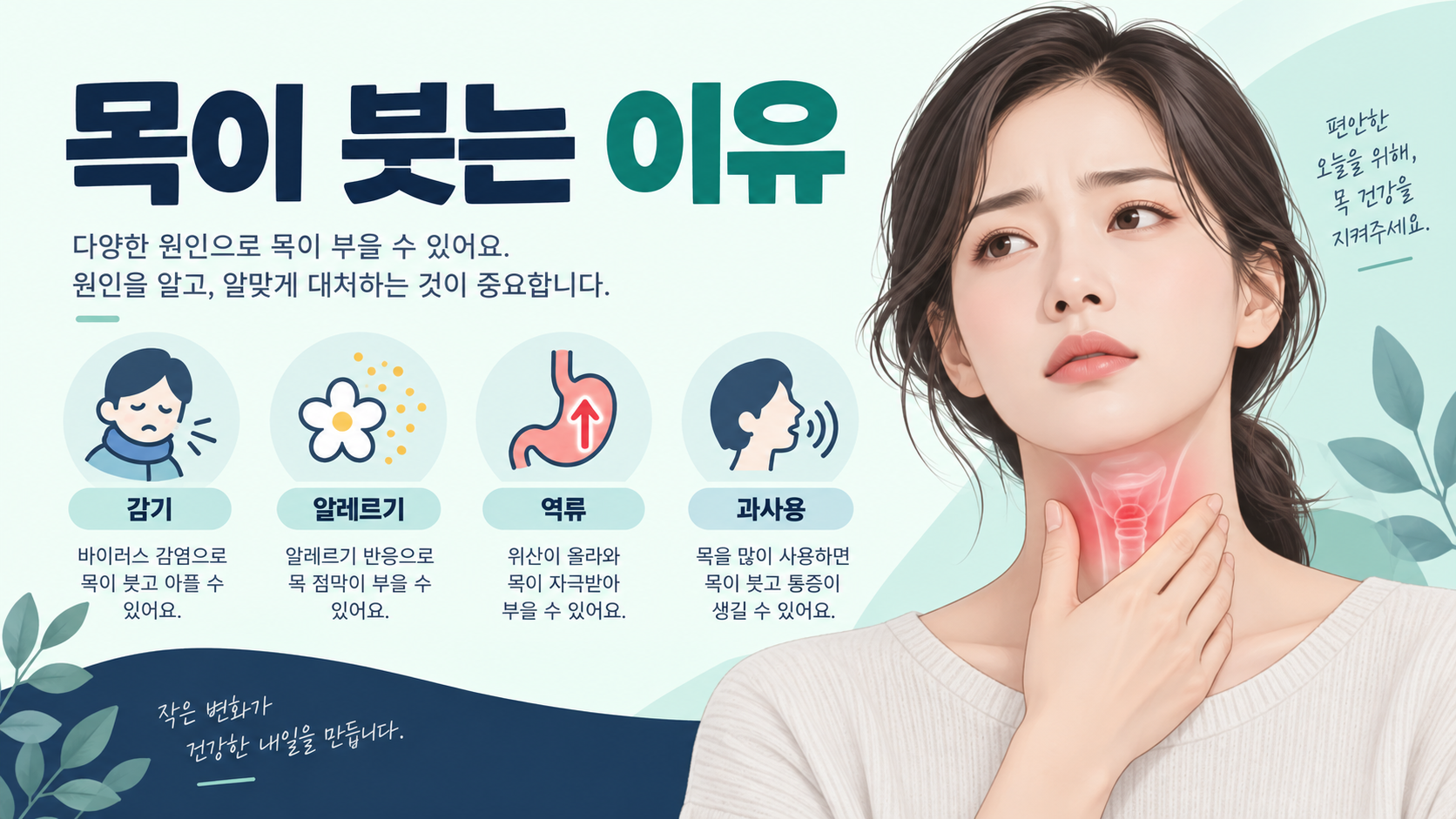 목이 붓는 이유를 설명하는 건강 정보카드