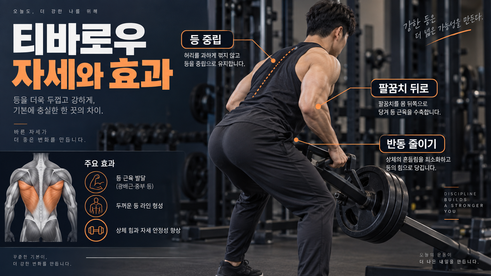 티바로우 자세와 등 자극 포인트를 설명하는 한국형 정보카드