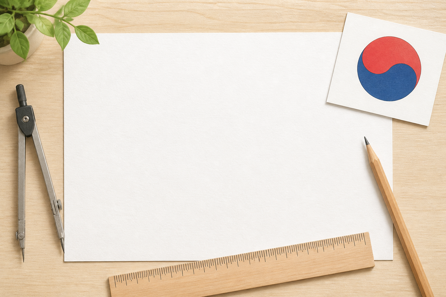 태극기 학습 그림을 준비하는 빈 종이와 컴퍼스, 연필, 자