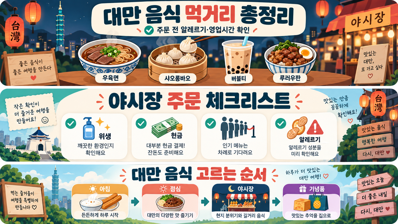 대만 음식 먹거리를 고르는 핵심 행동과 주의사항을 담은 한국어 정보카드