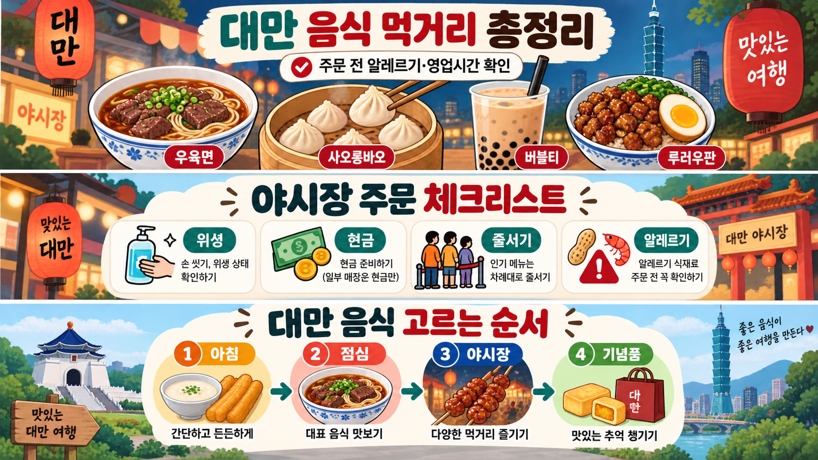 대만 야시장 주문 전 위생과 현금, 알레르기를 확인하는 체크리스트 정보카드