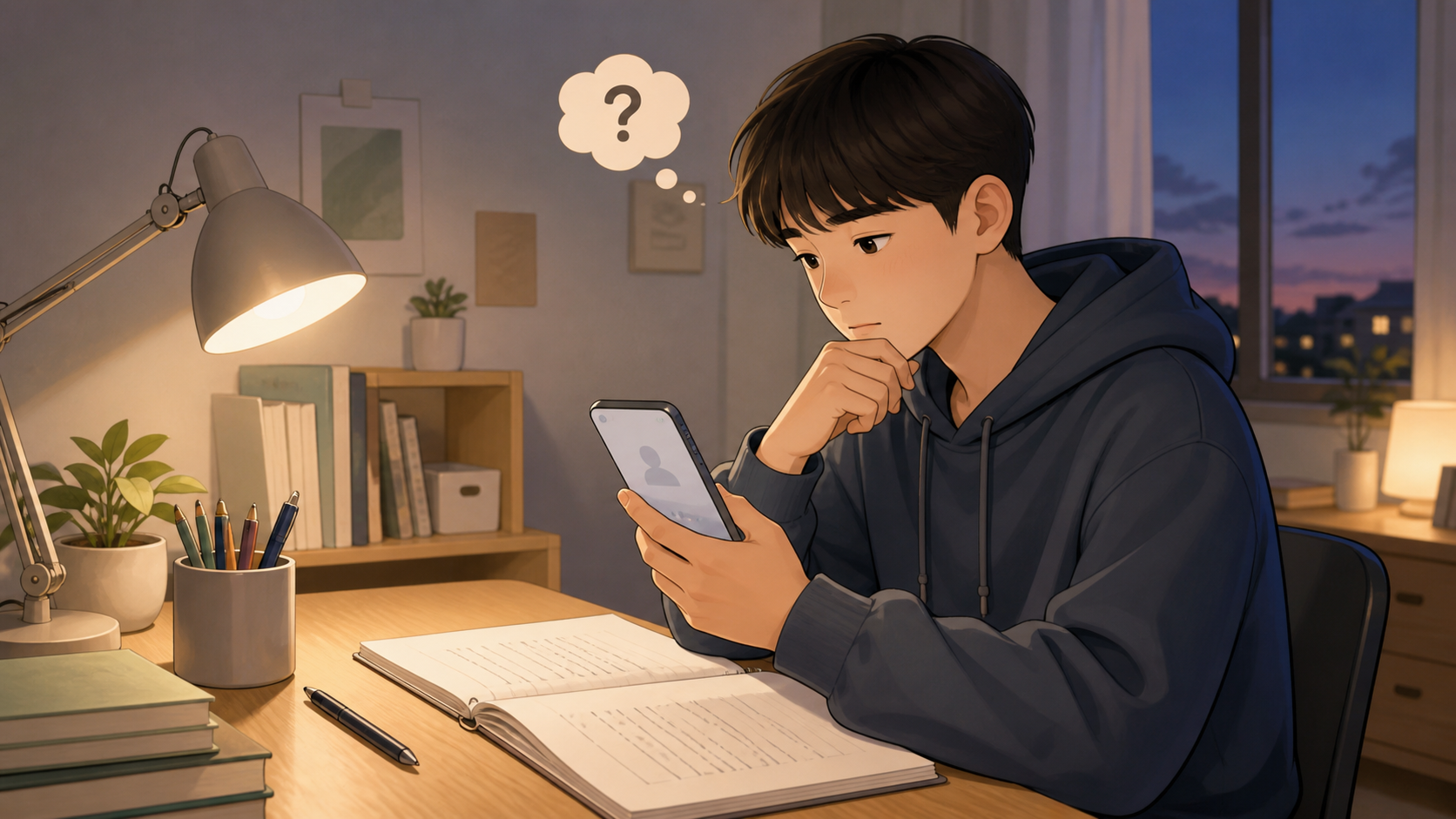 메시지를 보내기 전 표현을 다시 살피는 학생의 모습